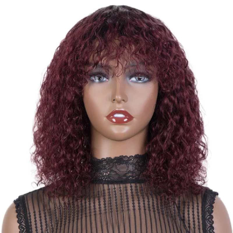 Colored wig with a 150 - density for a full and thick appearanceRebecca Fashion Short Curly Wigs with Curly Bangs Kinky Curly Wigs for Black Women Virgin Remy Wig Can Be Restyled Ombre Burgundy Red Color