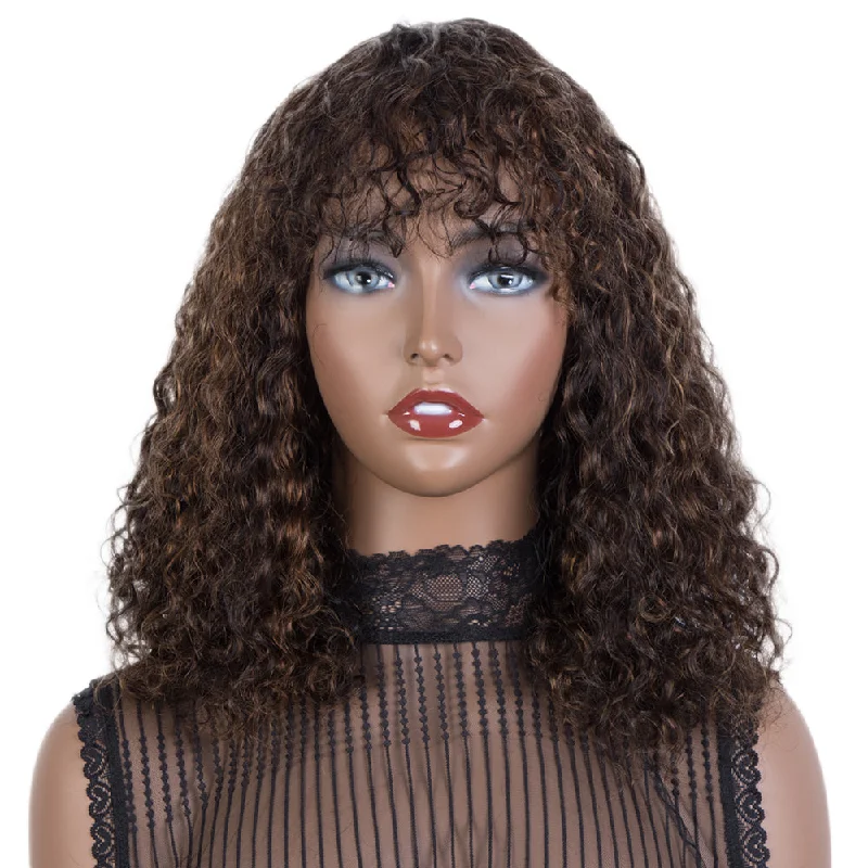 Colored wig with a wispy fringe for a soft and feminine lookRebecca Fashion Short Curly Wigs with Curly Bangs Kinky Curly Wigs for Black Women Virgin Remy Wig Can Be Restyled Piano Brown Color