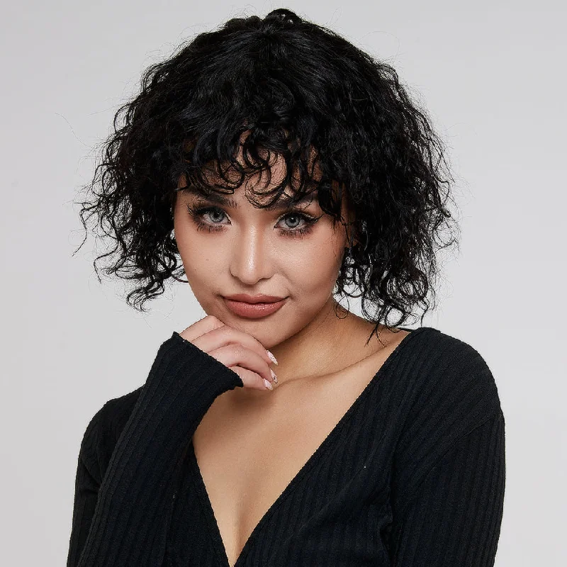 Colored wig with a wispy fringe for a soft and feminine lookRebecca Fashion Short Human Hair Bob Wigs with Bangs Curly Wavy Wig for Black Women Natural Black Color Wigs with Curly Bangs