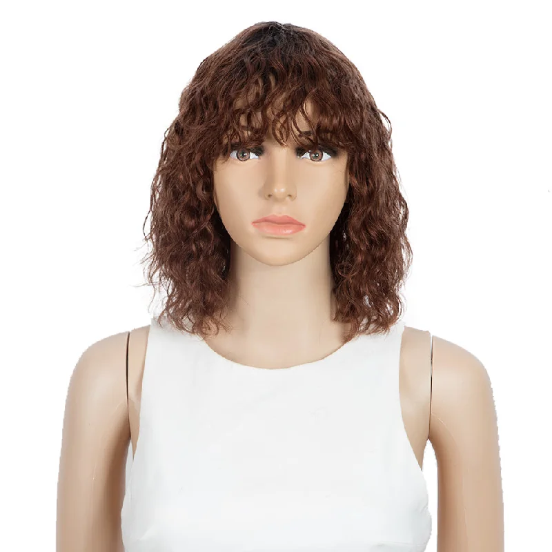 Colored wig with a 150 - density for a full and thick appearanceRebecca Fashion Short Human Hair Bob Wigs with Bangs Curly Wavy Wig for Black Women Ombre Color Wigs with Curly Bangs