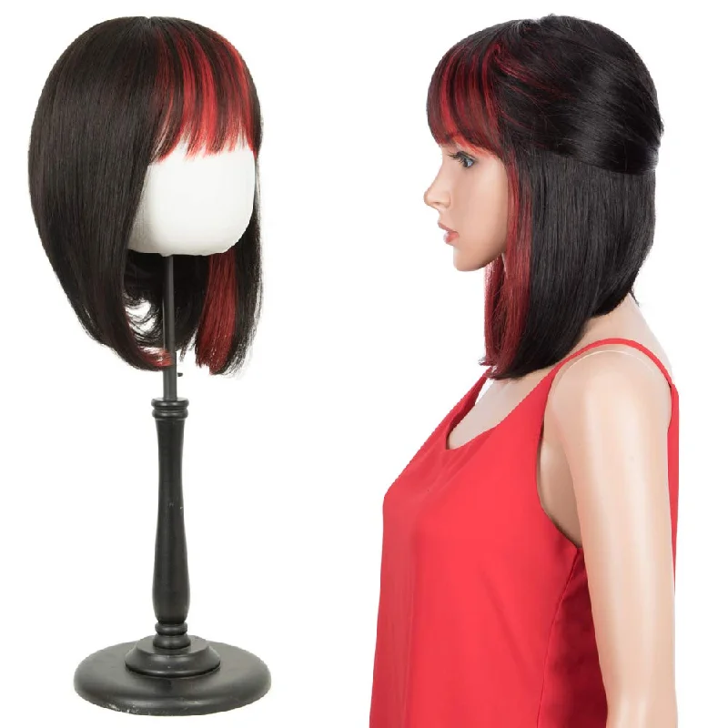 Colored wig with a pre - plucked hairline for a more natural lookRebecca Fashion Short Human Hair Bob Wigs With Bangs Ombre Black With Red Color Dying Hair Behind Ear Wigs 10 inch