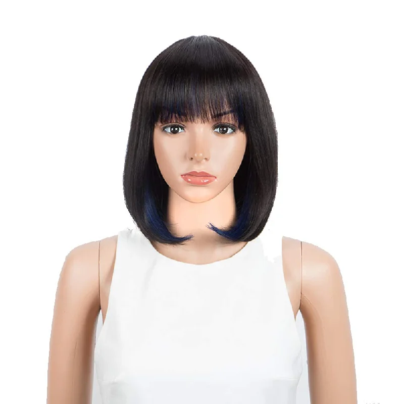 Colored wig with a silk - base cap for a comfortable and smooth feelRebecca Fashion Short Human Hair Bob Wigs With Bangs Black With Blue Color Dying Hair Behind Ear Wigs 10 inch