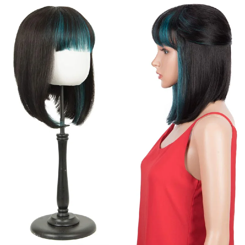 Colored wig with a pre - bleached knot for a natural - looking scalpRebecca Fashion Short Human Hair Bob Wigs With Bangs Ombre Black With Cyan-Blue Color Dying Hair Behind Ear Wigs 10 inch