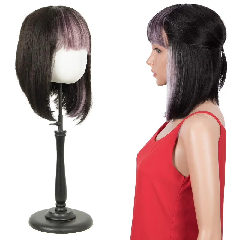 Colored wig with a straight texture for a sleek and minimalist lookRebecca Fashion Short Human Hair Bob Wigs With Bangs Ombre Black With Purple Color Dying Hair Behind Ear Wigs 10 inch