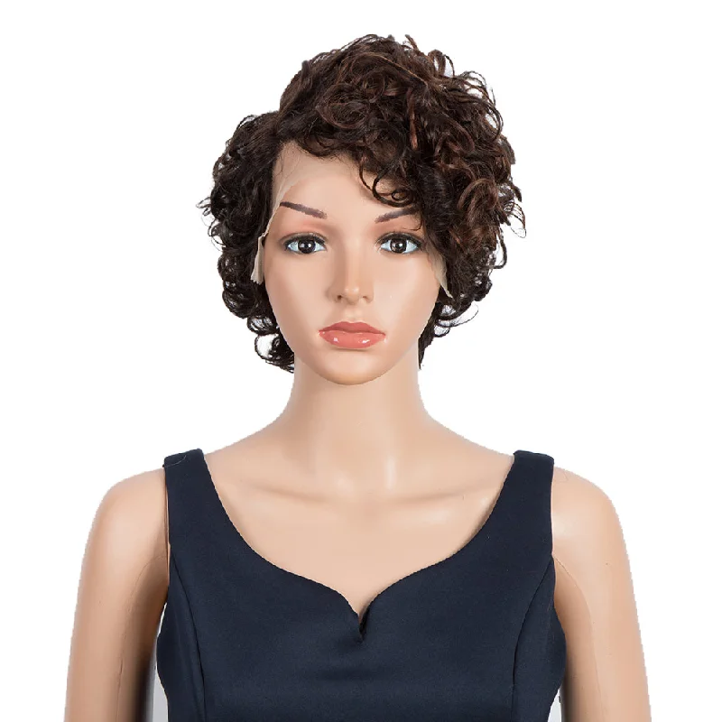 Colored wig with a curly texture for a bold and stylish choiceRebecca Fashion Short Kinky Curly Lace Front Wigs Human Hair Side Lace Part Wigs for Black Women Dark Brown Color