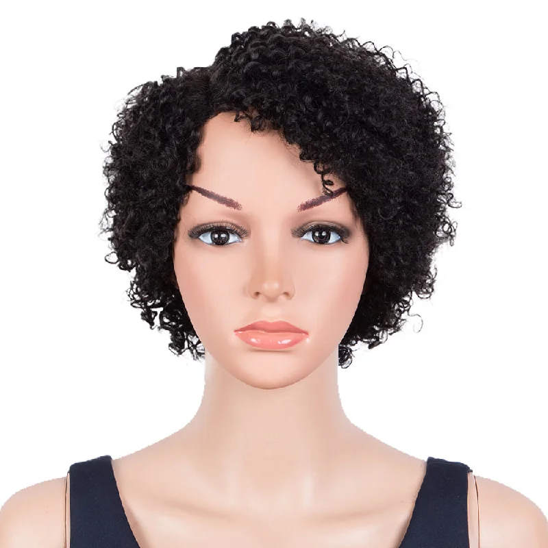 Colored wig with a pre - bleached knot for a natural - looking scalpRebecca Fashion Short Oxygen Curly Human Hair Wigs Side Lace Part Wigs for Black Women Black Color