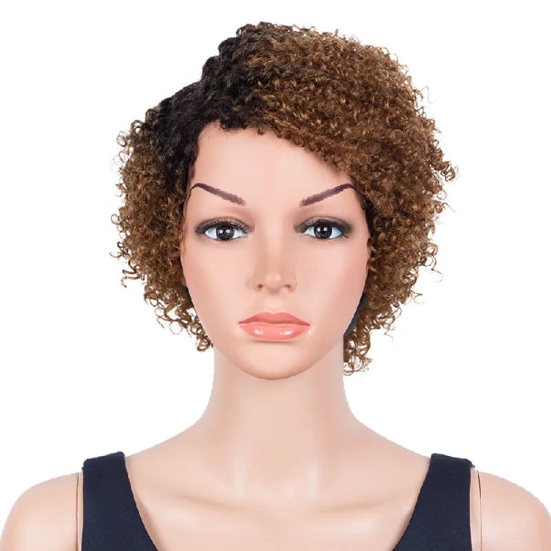 Colored wig with a side - swept bang for a sophisticated lookRebecca Fashion Short Oxygen Curly Human Hair Wigs Side Lace Part Wigs for Black Women Brown Color