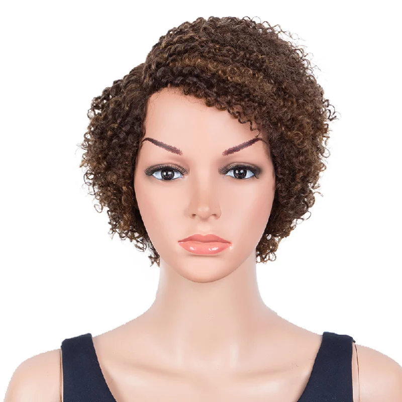 Colored wig with a silk - base cap for a comfortable and smooth feelRebecca Fashion Short Oxygen Curly Human Hair Wigs Side Lace Part Wigs for Black Women Brown Color