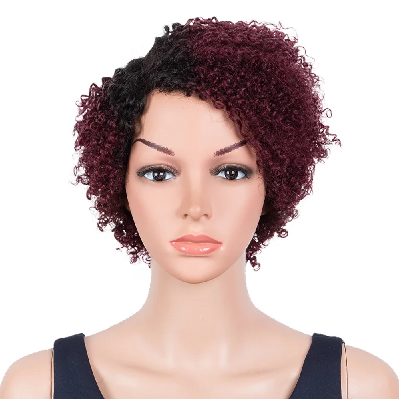 Adjustable - cap colored wig for a comfortable fitRebecca Fashion Short Oxygen Curly Human Hair Wigs Side Lace Part Wigs for Black Women Wine Red Color