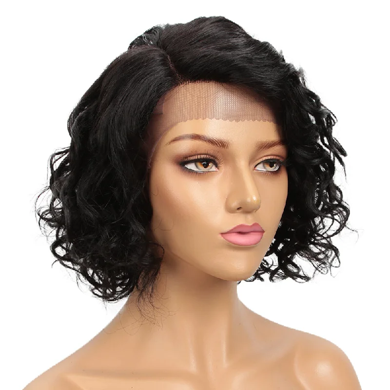 Colored wig with a side - part for a more flattering appearanceRebecca Fashion Short Wavy Lace Front Wigs Human Hair Side Lace Part Wavy Bob Wigs for Women Natural Color