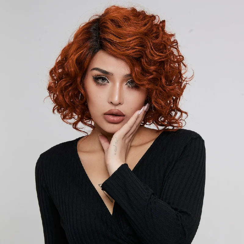 Colored wig with a middle - part for a classic and elegant styleRebecca Fashion Short Wavy Lace Front Wigs Ginger Wig Human Hair Side Lace Part Wavy Bob Wigs for Women Orange Color