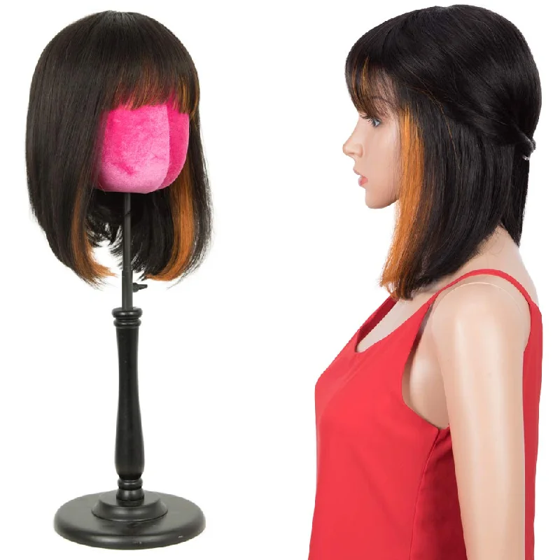 Colored wig in a vibrant pink color for a bold and eye - catching lookRebecca Fashion Short Human Hair Bob Wigs With Bangs Ombre Black With Orange Color Dying Hair Behind Ear Wigs 10 inch