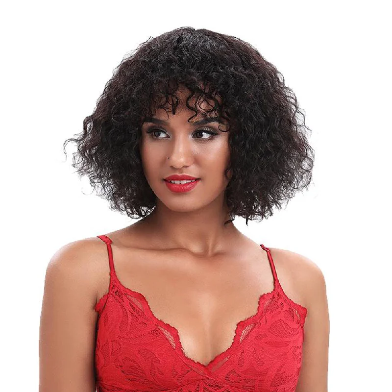 Human - hair colored wig for a natural and luxurious feelRebecca Fashion Short Curly Wigs with Bangs Kinky Curly Wigs for Black Women 14 Inch Virgin Remy Natural Black Wig Can Be Restyled