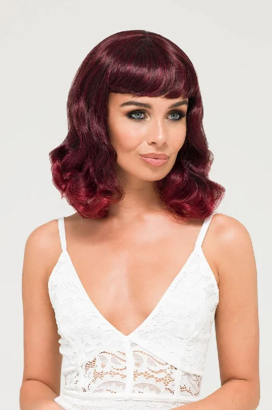 Colored wig with a pre - plucked hairline for a more natural lookBlack and red pinup style wig, gently wavy with short fringe, 1950s style: Lillian