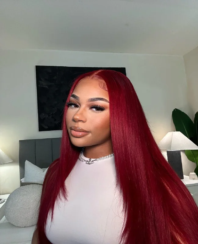 Colored wig with a side - swept bang for a sophisticated lookRuby Red Invisible HD Lace Front Wig