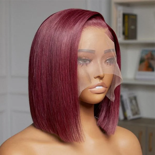 Colored wig with a wavy texture for a beachy and fun lookReddish Purple Side Part Glueless Wide T Lace Bob Wig 100% Human Hair