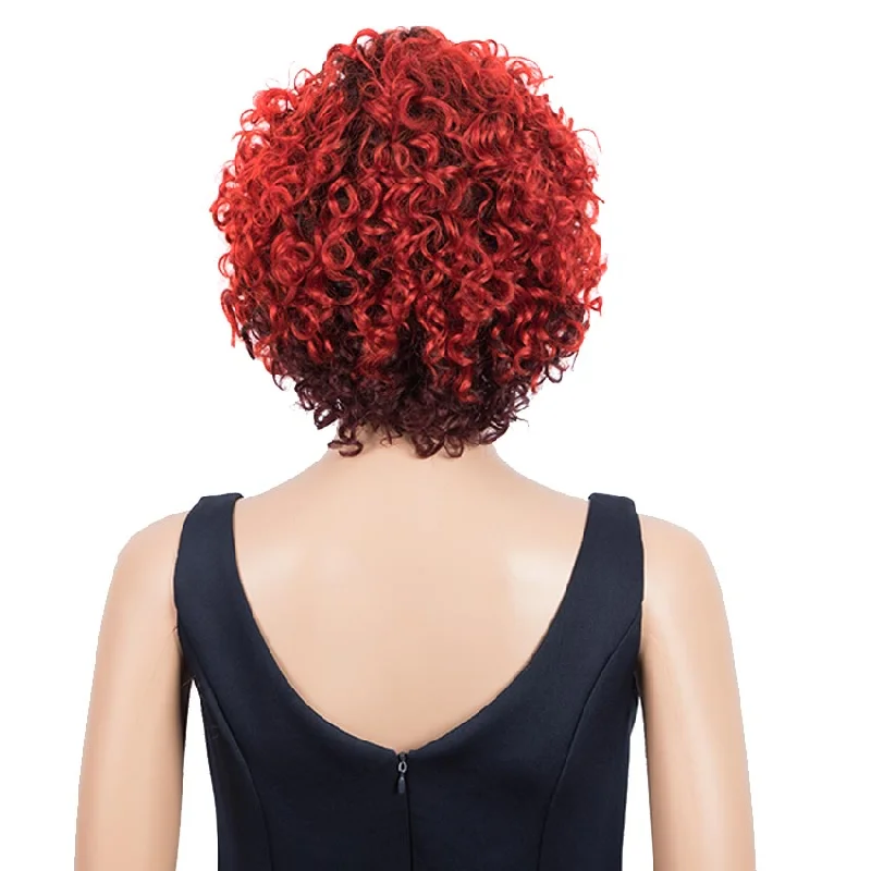 Colored wig with a pre - plucked hairline for a more natural lookRebecca Fashion Short Red Ombre Wigs With Bangs Curly Human Hair Pixie Wigs