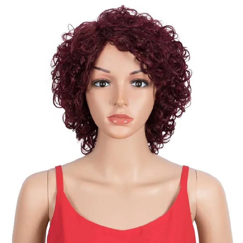 Colored wig with a side - swept bang for a sophisticated lookRebecca Fashion Short Wavy Bob Wigs Wine Red Human Hair Cute Wig