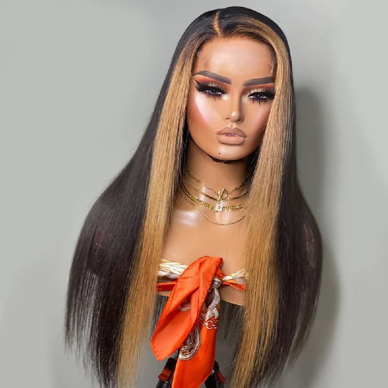 Human - hair colored wig for a natural and luxurious feelSide Parted 5x5 Lace Closure Wig Natural Color With Honey Blonde Highlights