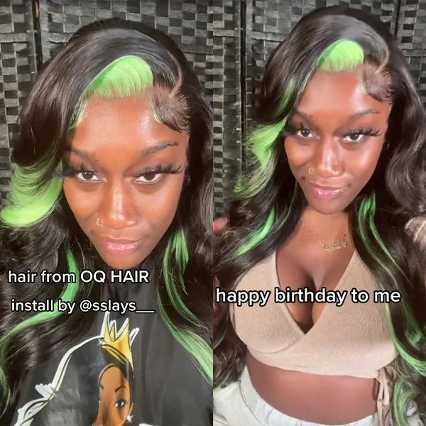 Colored wig with a red - orange hue for a warm and energetic lookSkunk Stripe Green/ Red & Black Color Body Wave 13x4 Lace Frontal Wigs For Women