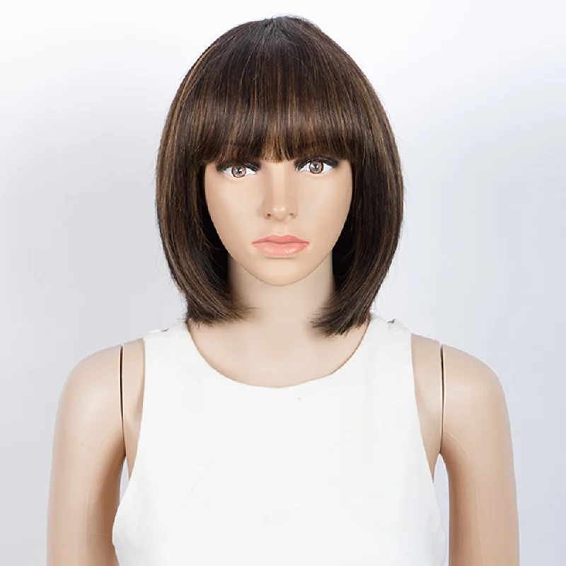 Colored wig with a side - swept bang for a sophisticated lookRebecca Fashion Straight Bob Wigs With Bangs Human Hair 10 inch Wigs