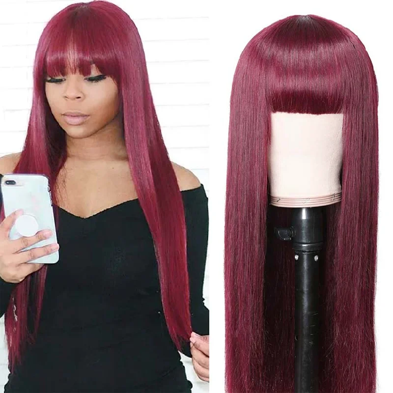 Colored wig with a blue - green ombre effect for a unique and trendy appearanceRebecca Fashion Burgundy Red Straight Human Hair Wigs With Bangs Basic Cap Wigs