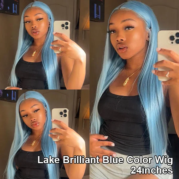 Colored wig with a silver - grey color for a trendy and cool - toned lookLake Brilliant Blue Color/ Mint Green Color/ Neon Green Color/ Straight 13x4 Human Hair Lace Front Wigs