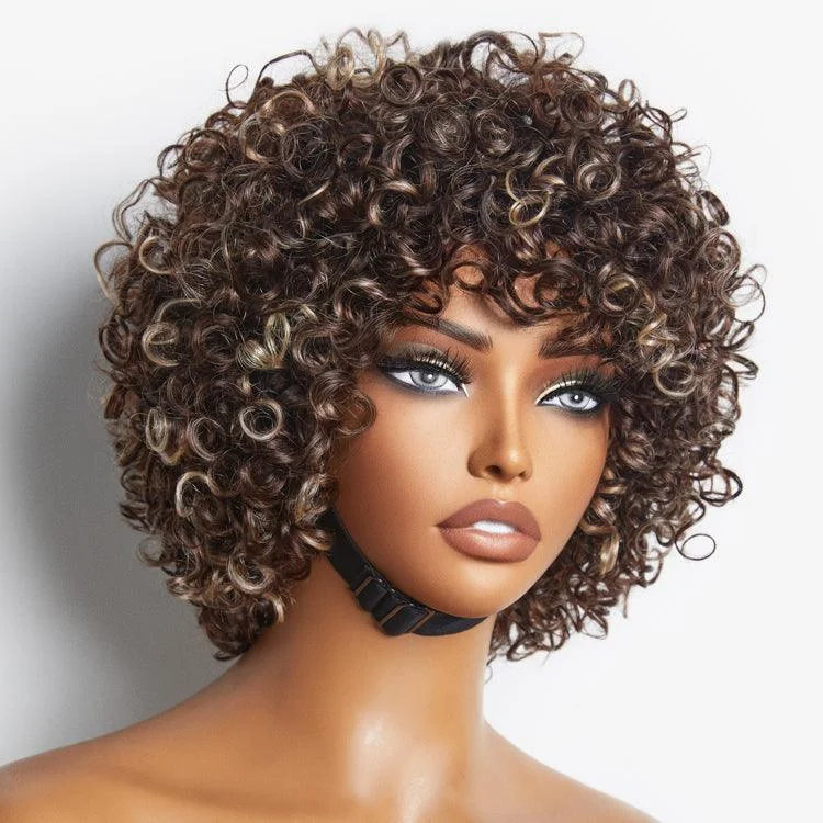 Colored wig with a silk - base cap for a comfortable and smooth feelThrow On & Go Brown with Blonde Highlights Glueless No Lace Short Curly Wig 100% Human Hair