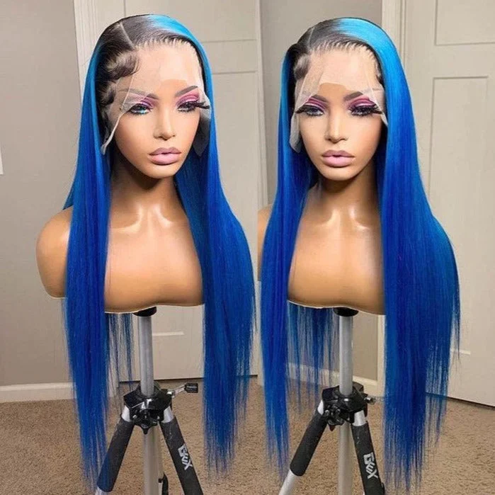 Colored wig with a middle - part for a classic and elegant styleTransparent Lace Ombre Blue Color Side Parted 13x4 Lace Front Wig