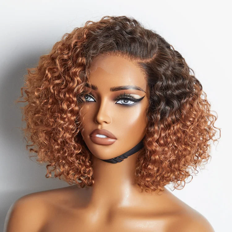 Colored wig with a wavy texture for a beachy and fun lookTrendy Mix Brown Short Cut Curly Minimalist HD Lace Glueless Side Part Curly Bob Wig 100% Human Hair