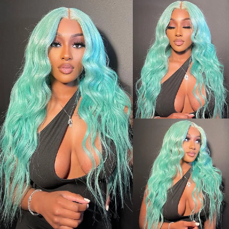 Colored wig with a middle - part for a classic and elegant styleTurquoise Blue Color Lace Wig Middle Parted Wavy Hair