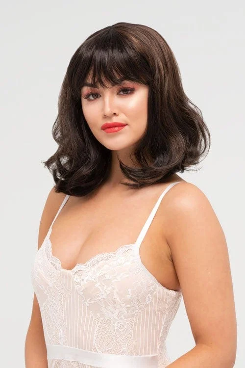 Colored wig with a wavy texture for a beachy and fun lookTwo tone brown long bob wig with flicked tips: Sheridan