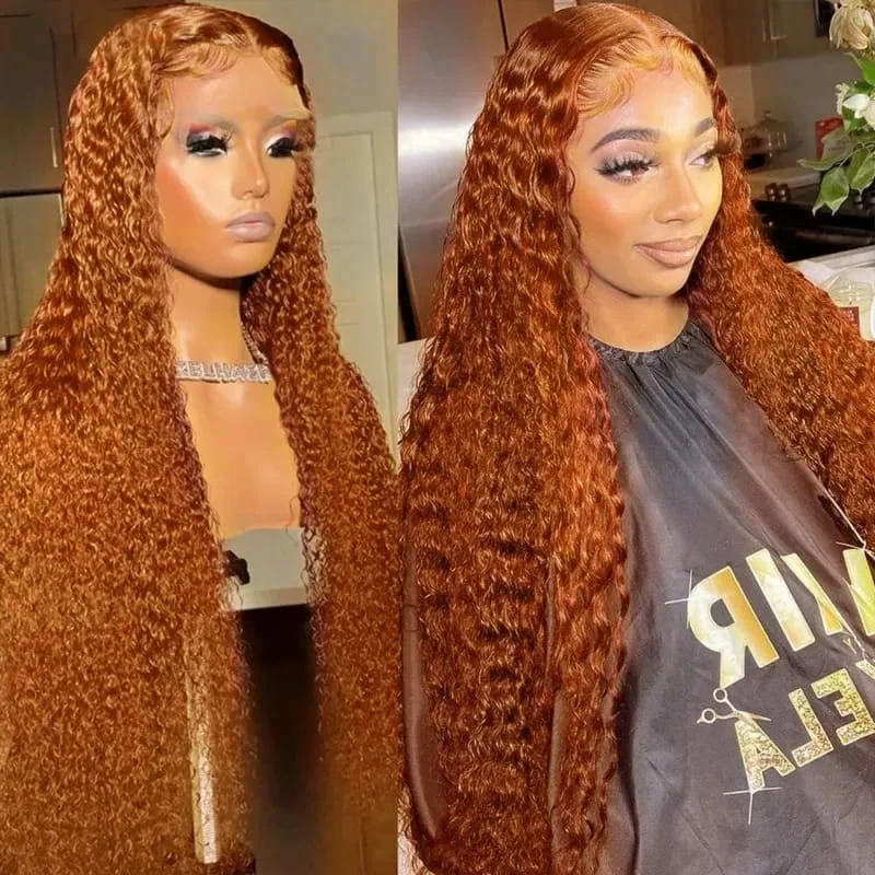 Synthetic colored wig with a heat - resistant formula for easy stylingWarm Orange Brown Lace Frontal Wig Deep Curly