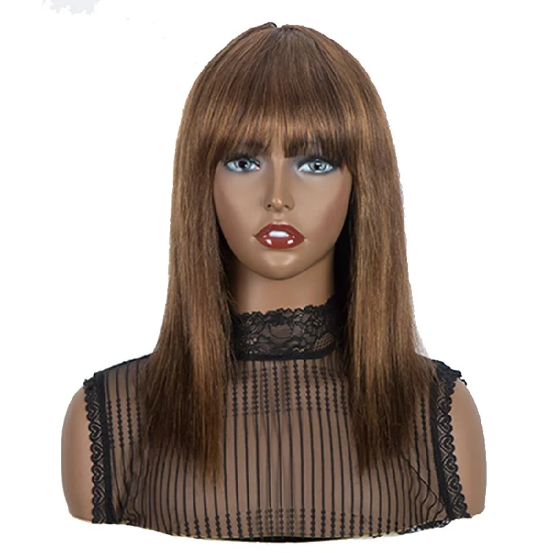 Colored wig with a side - part for a more flattering appearanceRebecca Fashion Wig With Bangs Human Hair Brown Color Wigs Straight Hair Basic Cap Wig