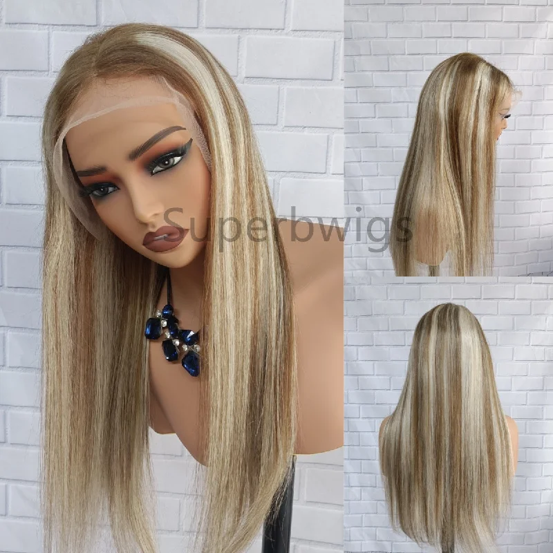 Human - hair colored wig for a natural and luxurious feel13x4/13x6 Transparent Lace Front Pre-plucked Hairline Balayage Blonde P10/613 Color Human Hair Wig -  Straight