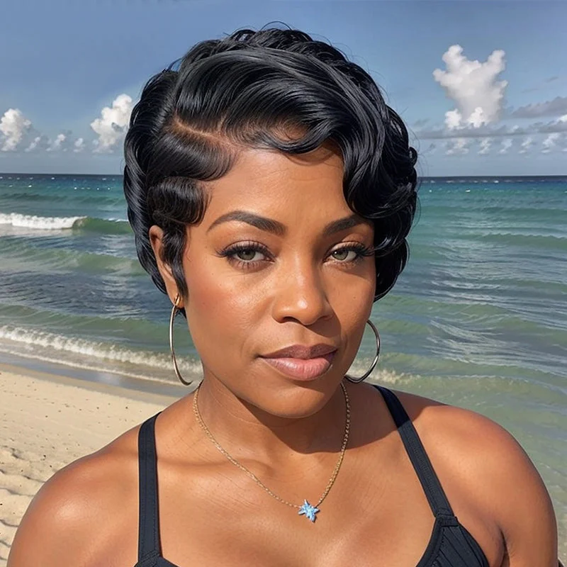 Lace wig with a wispy fringe for a soft and feminine look13x4 Frontal Lace Shot Bob Wig Side Part Pixie Cut Human Hair