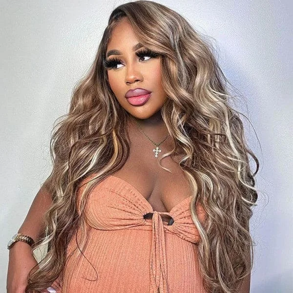 Colored wig with a middle - part for a classic and elegant style13x4 Transparent Lace Front Blonde Highlight Color Human Hair Wig -  Body Wave