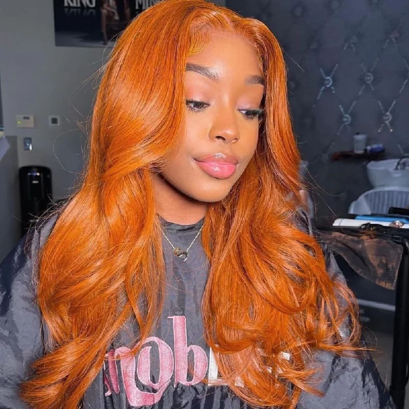 Colored wig with a side - part for a more flattering appearance13x4 Transparent Lace Pre-plucked Ginger Color Human Hair Wig - Body Wave