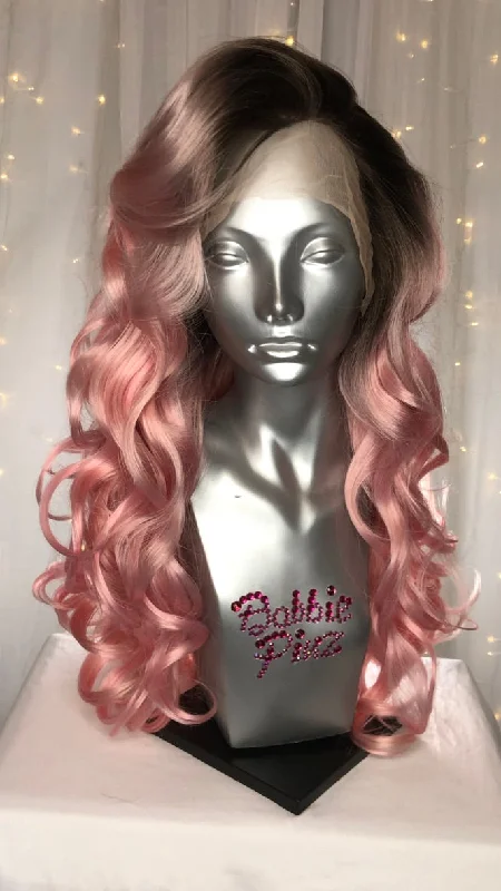 Lace wig with a 200 - density for a full and thick appearance"Ali" - Dark Rooted Pale Pink