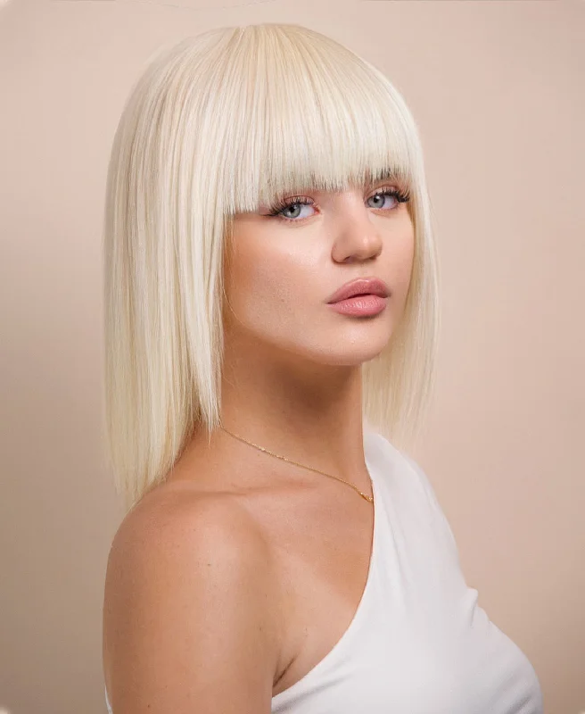 Adjustable - cap lace wig for a comfortable fitbob wig with fringe - 10" platinum blonde.