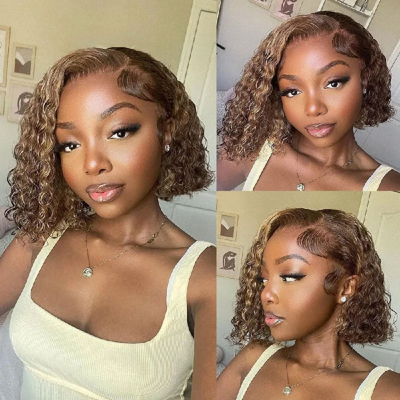 Colored wig with a straight texture for a sleek and minimalist look13X4/13X6 Transparent Lace Front Pre-plucked hairline Highlight Color Bob Wig - Curly