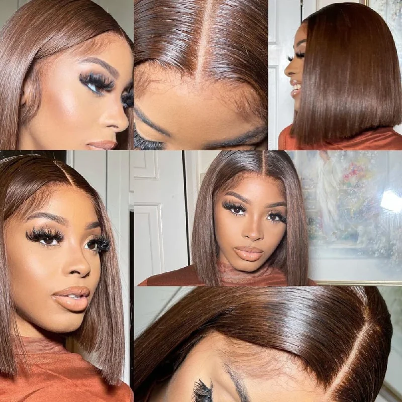 Synthetic colored wig with a heat - resistant formula for easy styling13x4 Transparent Lace Front Chocolate Brown Color Human Hair Wig - Straight