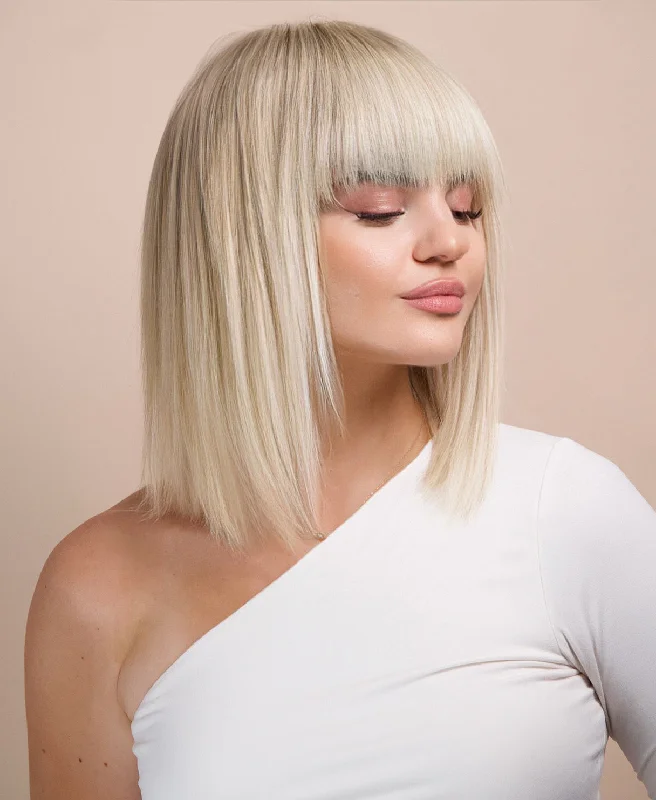 Lace wig with a natural - looking root for a more realistic lookbob wig with fringe - 10" rooted platinum blonde.