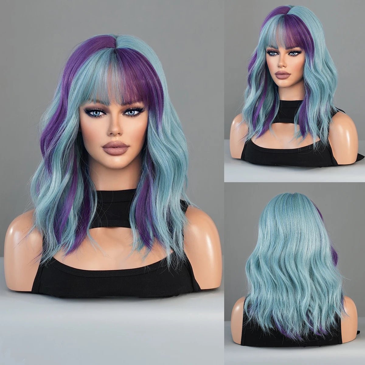 Colored wig with a middle - part for a classic and elegant styleDark Purple Blue Highlights Wig