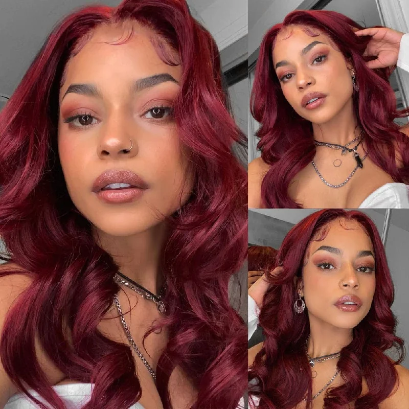 Colored wig with a straight texture for a sleek and minimalist lookDelia 13x4/13x6  Lace Front Transparent Lace BURGUNDY HUMAN HAIR WIG - BODY WAVE