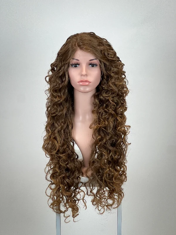 Lace wig with a pre - bleached knot for a natural - looking scalpDelilah Cinnamon Blend - Natural