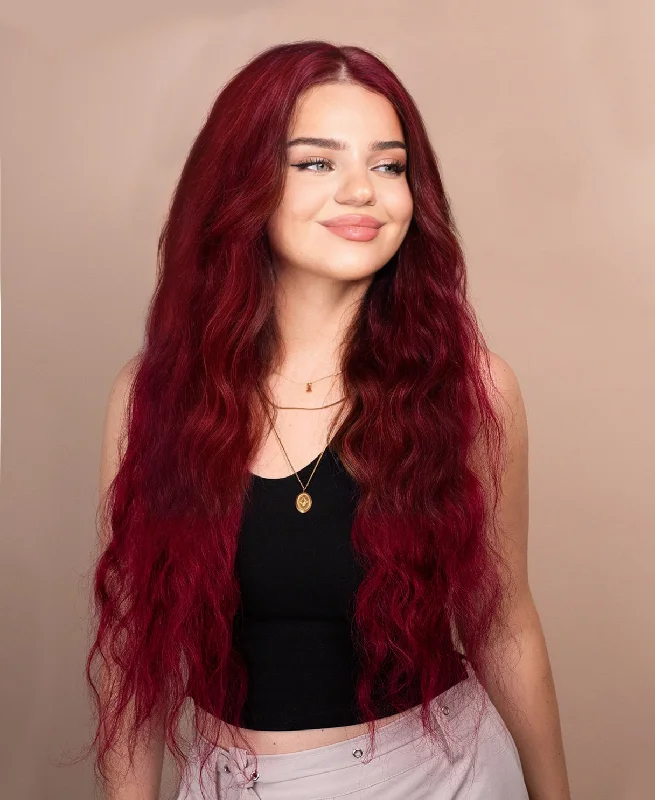 Human - hair lace wig for a luxurious and natural feellace front human wig wavy 13x4 - 30" cherry red