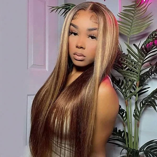 Colored wig with a pre - plucked hairline for a more natural lookAudrey 13x4 Transparent Lace Front Highlight Blonde Color Human Hair Wig - Silky Straight