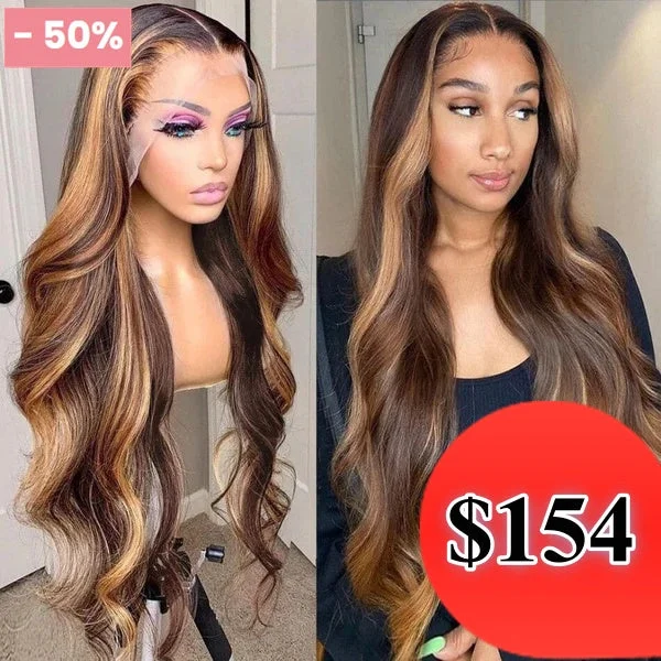 Human - hair colored wig for a natural and luxurious feelHalf Price /// 360 HD Swis Lace Upgraded Hairline Highlight Color Wig with Transparent Drawstring - Body Wave