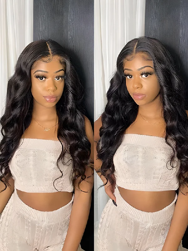 Lace wig with a side - part for a more flattering lookCurlyMe Body Wave Hair 13x4 Swiss HD Lace/Transparent Lace Front Wigs Pre Plucked